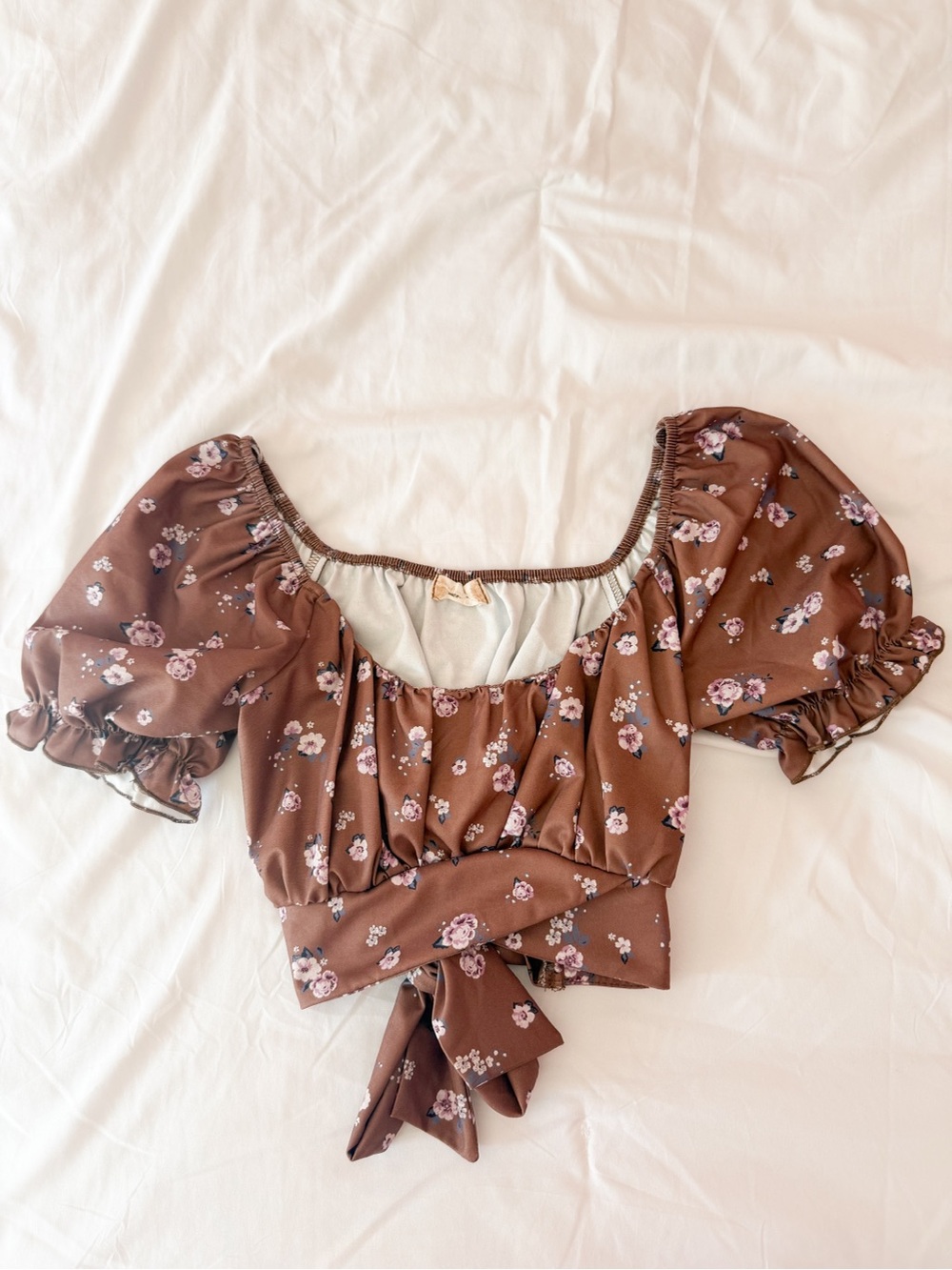 Altar’d State Brown Floral Criss Cross Tie Back Cropped Blouse Size Small